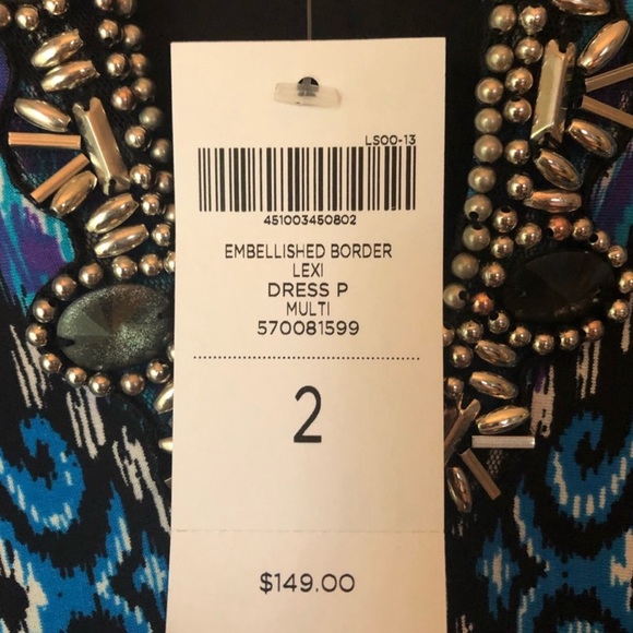 CHICO'S Embellished Neckline Lexi Blue Midi Dress Beaded V-Neck Size M / 12 Ikat - Picture 11 of 11